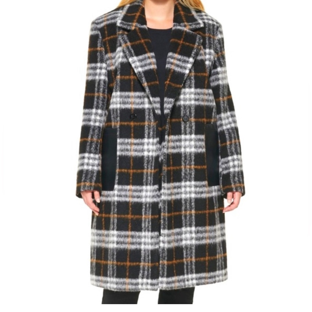 NWT Calvin Klein Plaid Faux-Leather-Pocket Walker Coat Wool Blend Black XXS - Picture 16 of 16